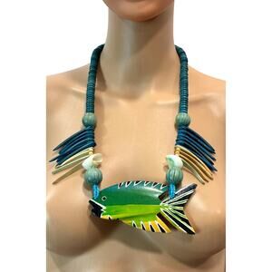 Vintage 80s Chunky Wood Fish Necklace Hand Painted Tropical Statement Jewelry